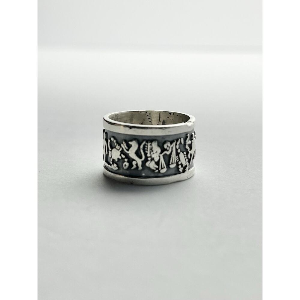 1960s Mayan Astrology Zodiac Oxidized .925 Silver Band Ring, Size 7.5 Mexico - Picture 5 of 8